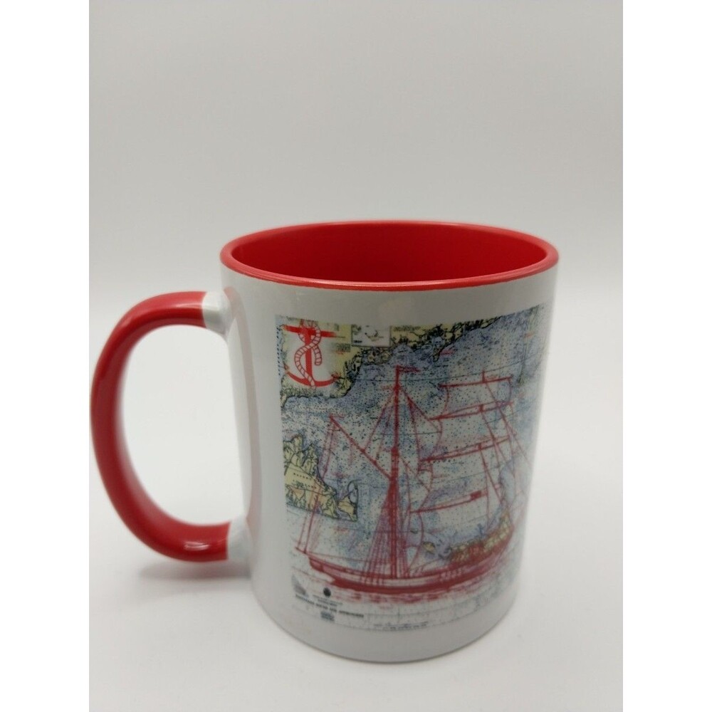 Ceramic Nautical Map Design Mug With Red Handle and Interior Coffee Tea Cup